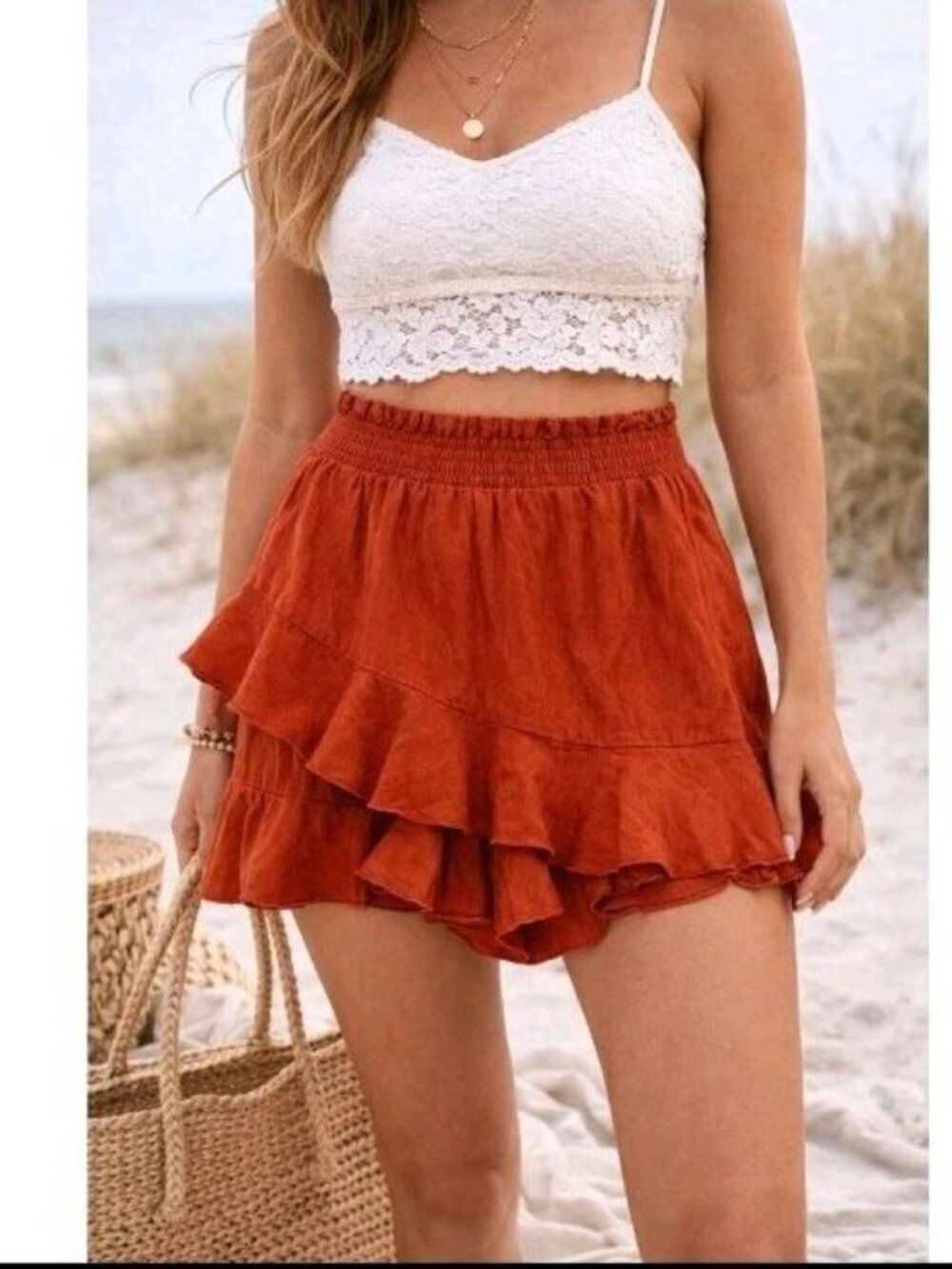 Liyo Hon Orange Ruffle Skort Elastic Waist Boho Mini Shorts Skort Size Small